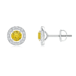 4mm AAA Vintage Style Yellow Sapphire and Diamond Halo Stud Earrings in White Gold