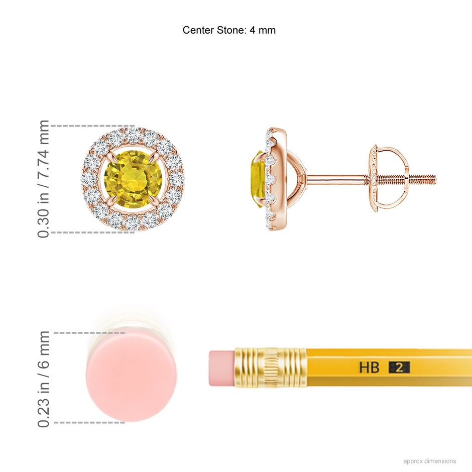 4mm AAAA Vintage Style Yellow Sapphire and Diamond Halo Stud Earrings in Rose Gold ruler