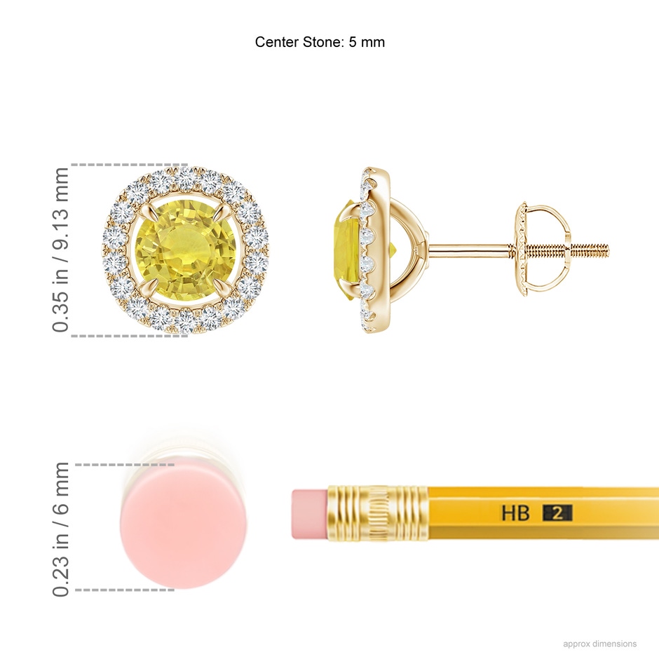 5mm AA Vintage Style Yellow Sapphire and Diamond Halo Stud Earrings in Yellow Gold ruler