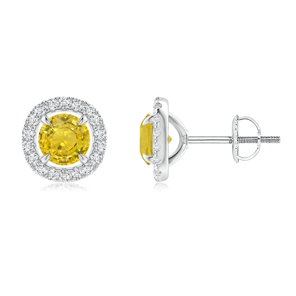 5mm AAA Vintage Style Yellow Sapphire and Diamond Halo Stud Earrings in White Gold
