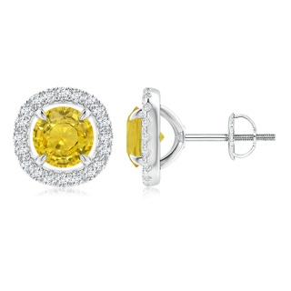 6mm AAA Vintage Style Yellow Sapphire and Diamond Halo Stud Earrings in White Gold