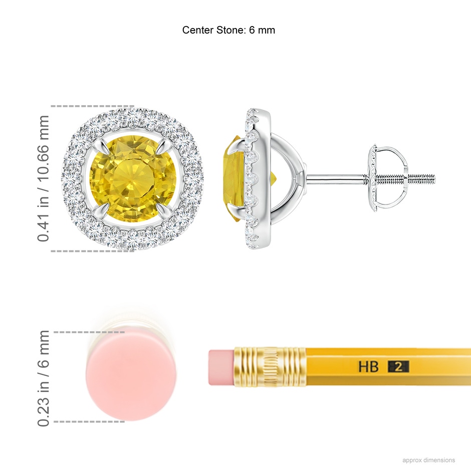6mm AAA Vintage Style Yellow Sapphire and Diamond Halo Stud Earrings in White Gold ruler