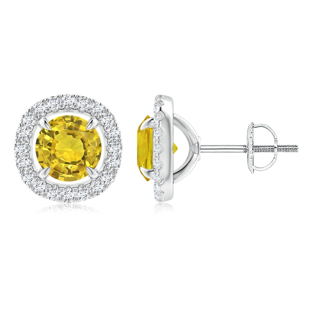 6mm AAAA Vintage Style Yellow Sapphire and Diamond Halo Stud Earrings in White Gold