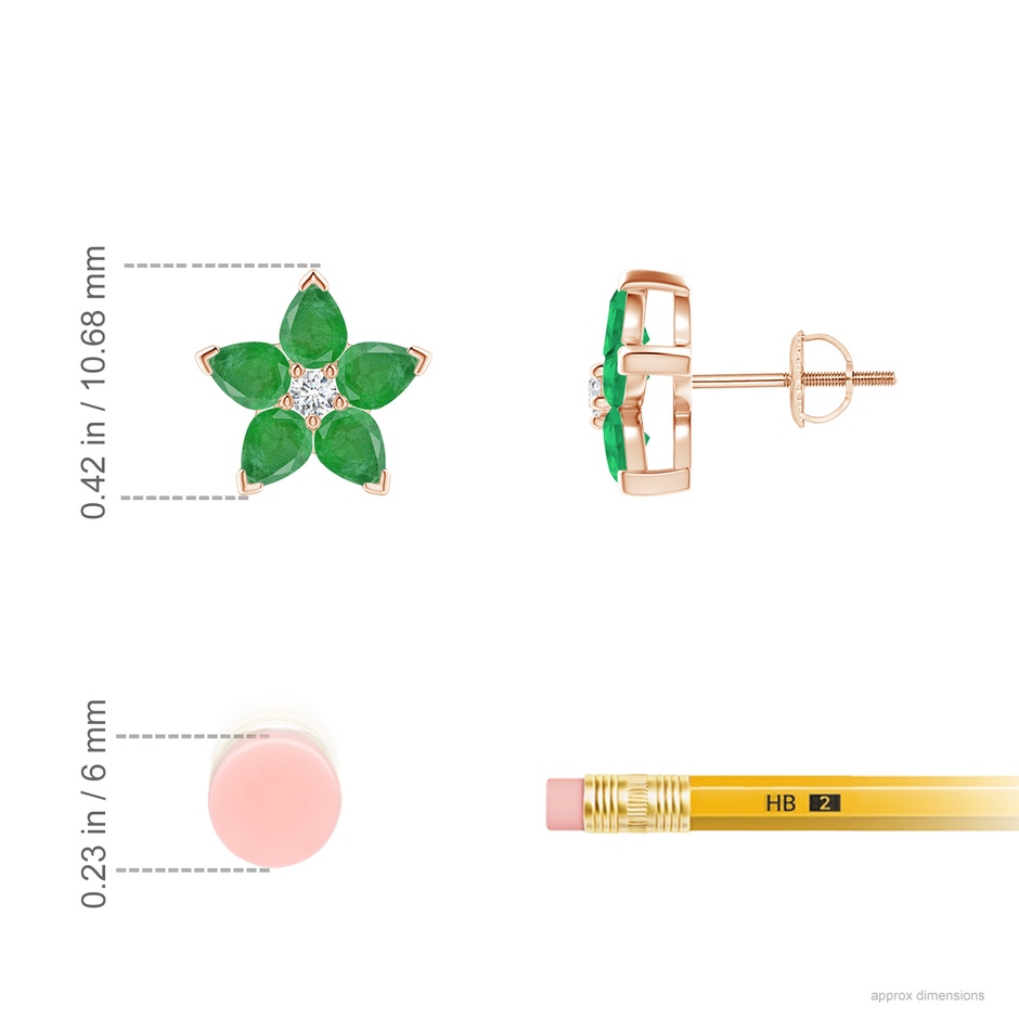 4x3mm A V-Prong Set Emerald and Diamond Flower Stud Earrings in Rose Gold ruler