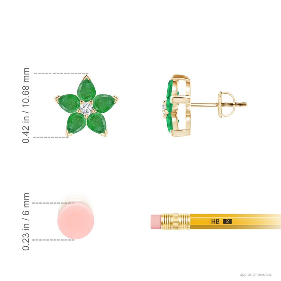 4x3mm A V-Prong Set Emerald and Diamond Flower Stud Earrings in Yellow Gold ruler