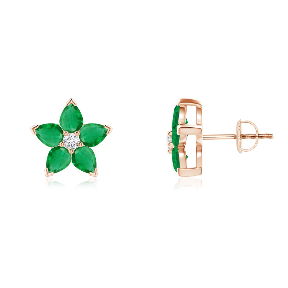 4x3mm AA V-Prong Set Emerald and Diamond Flower Stud Earrings in Rose Gold 