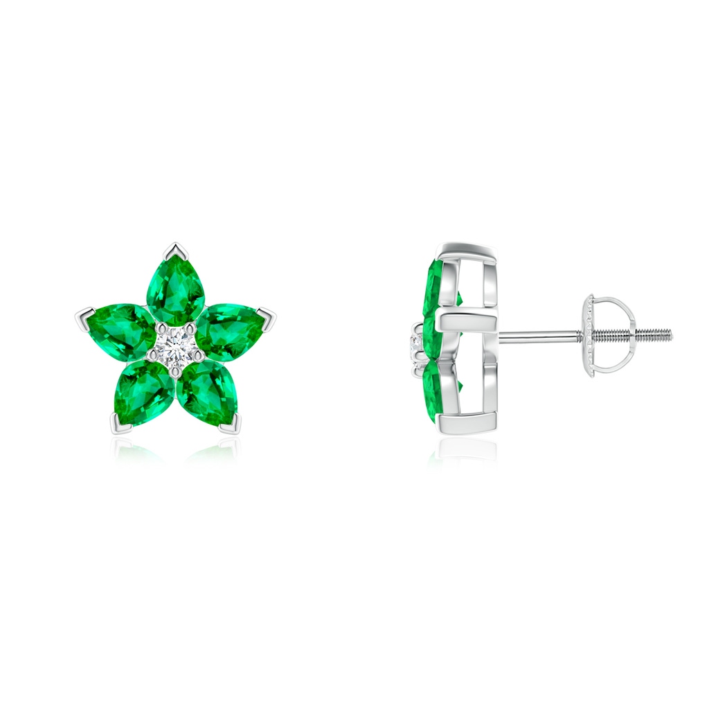 4x3mm AAA V-Prong Set Emerald and Diamond Flower Stud Earrings in White Gold