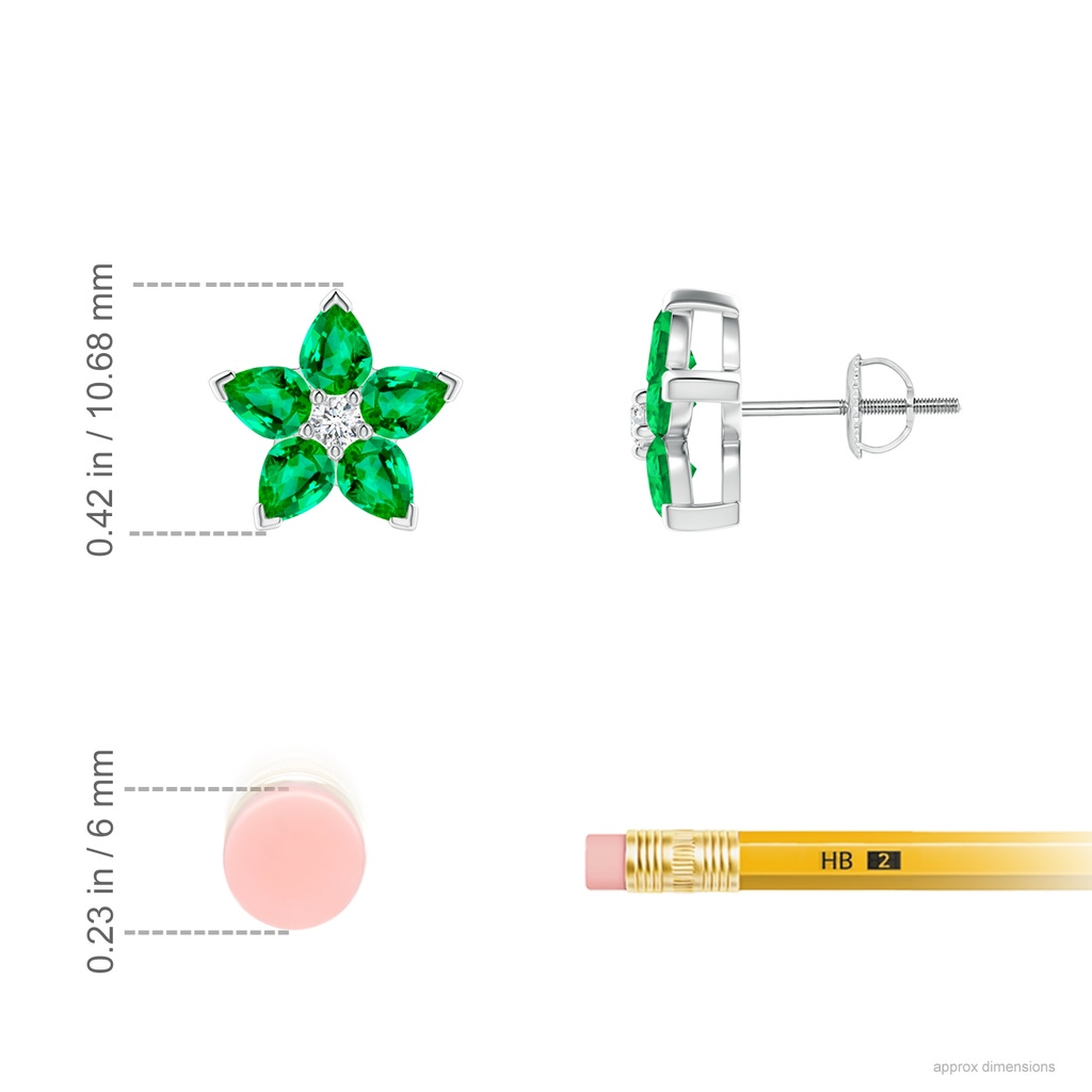 4x3mm AAA V-Prong Set Emerald and Diamond Flower Stud Earrings in White Gold Ruler