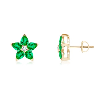 4x3mm AAA V-Prong Set Emerald and Diamond Flower Stud Earrings in Yellow Gold