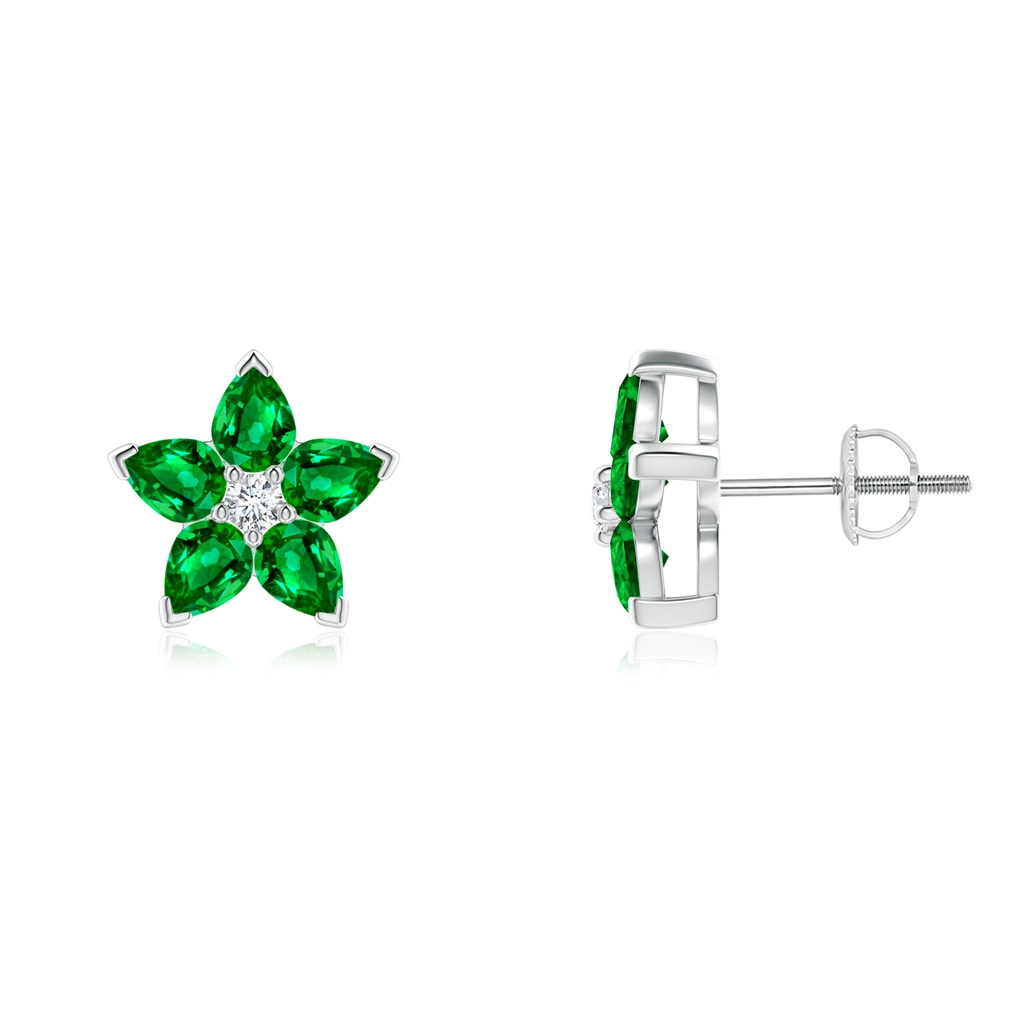 4x3mm AAAA V-Prong Set Emerald and Diamond Flower Stud Earrings in P950 Platinum