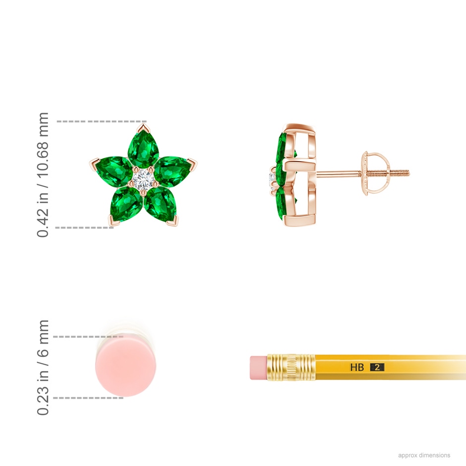 4x3mm AAAA V-Prong Set Emerald and Diamond Flower Stud Earrings in Rose Gold ruler