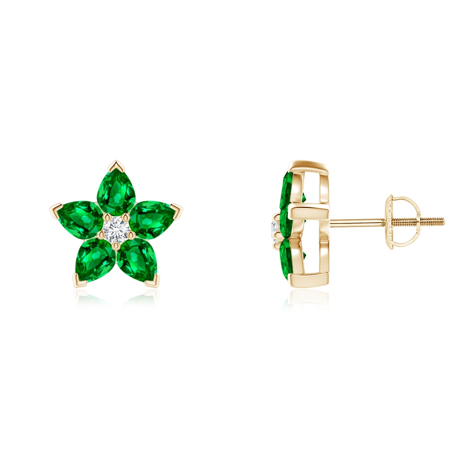 4x3mm AAAA V-Prong Set Emerald and Diamond Flower Stud Earrings in Yellow Gold 