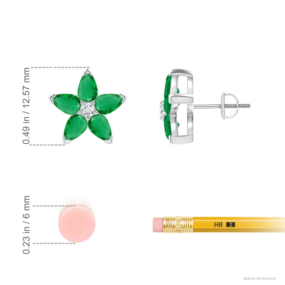 5x3mm AA V-Prong Set Emerald and Diamond Flower Stud Earrings in P950 Platinum ruler