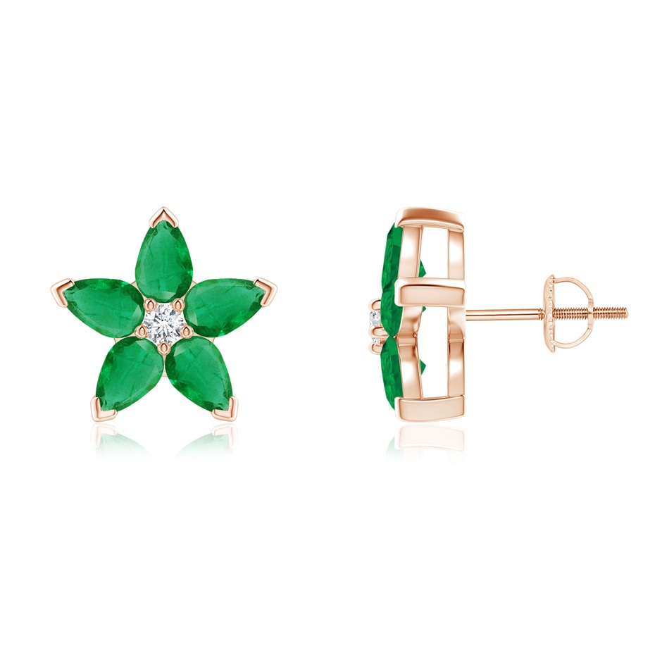 5x3mm AA V-Prong Set Emerald and Diamond Flower Stud Earrings in Rose Gold 