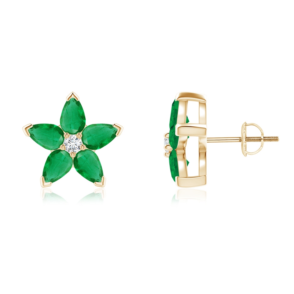 5x3mm AA V-Prong Set Emerald and Diamond Flower Stud Earrings in Yellow Gold 