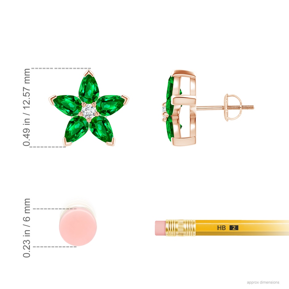5x3mm AAAA V-Prong Set Emerald and Diamond Flower Stud Earrings in Rose Gold ruler