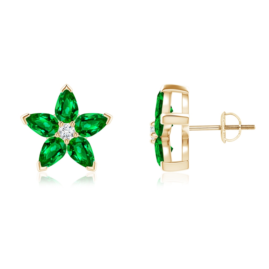 5x3mm Lab-Grown V-Prong Set Emerald and Diamond Flower Stud Earrings in Yellow Gold