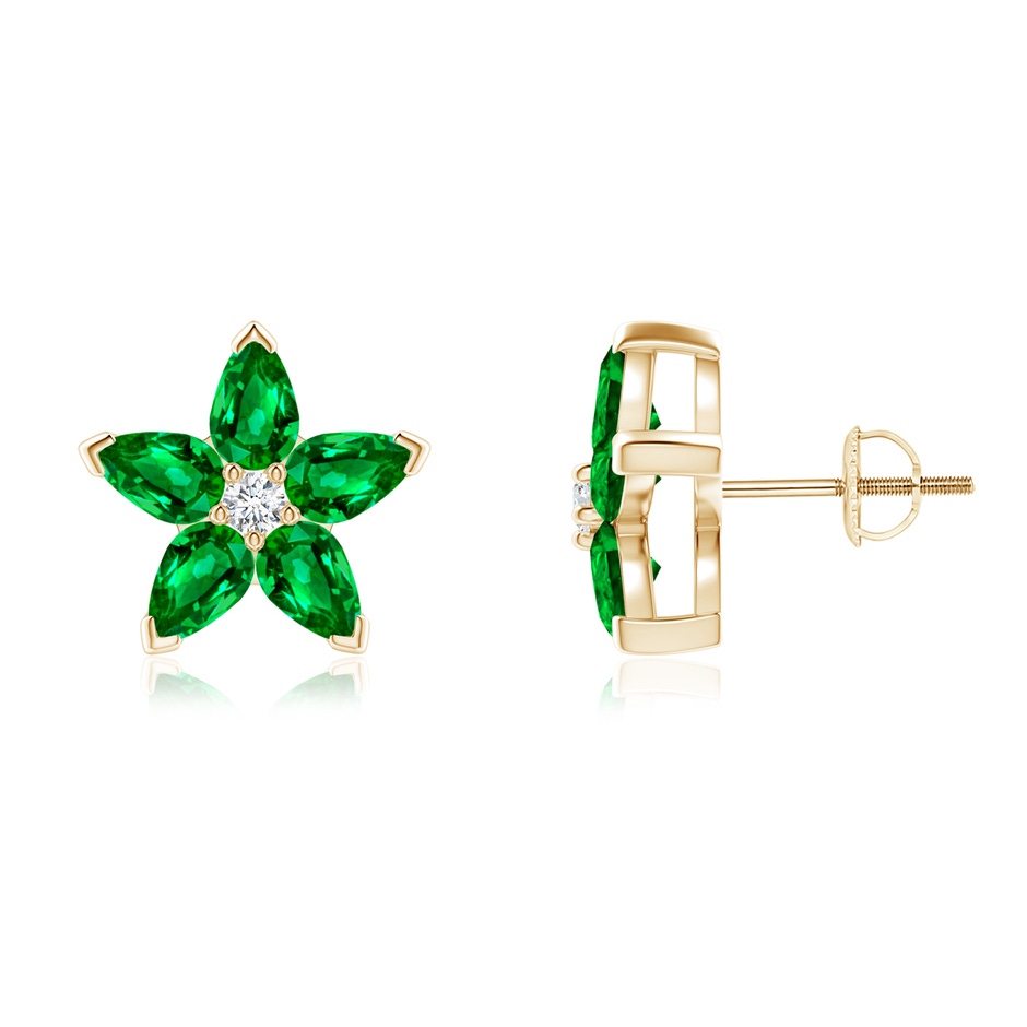 5x3mm Lab-Grown V-Prong Set Emerald and Diamond Flower Stud Earrings in Yellow Gold 