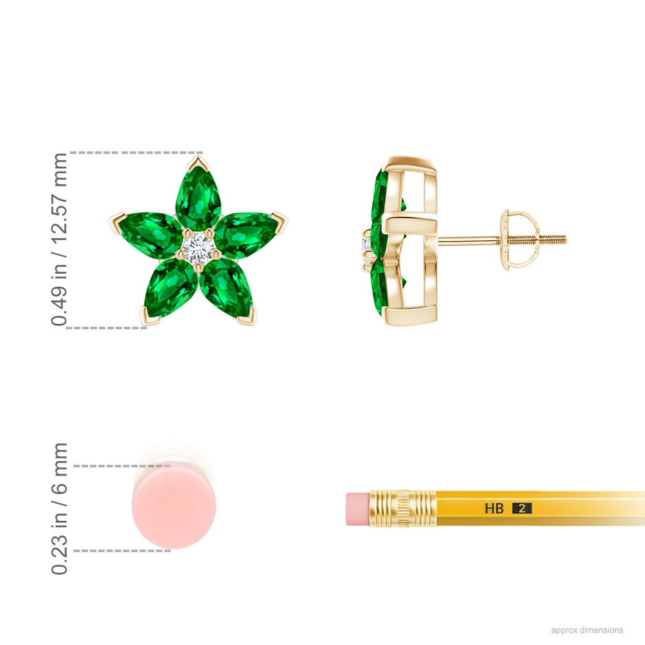 5x3mm Lab-Grown V-Prong Set Emerald and Diamond Flower Stud Earrings in Yellow Gold ruler