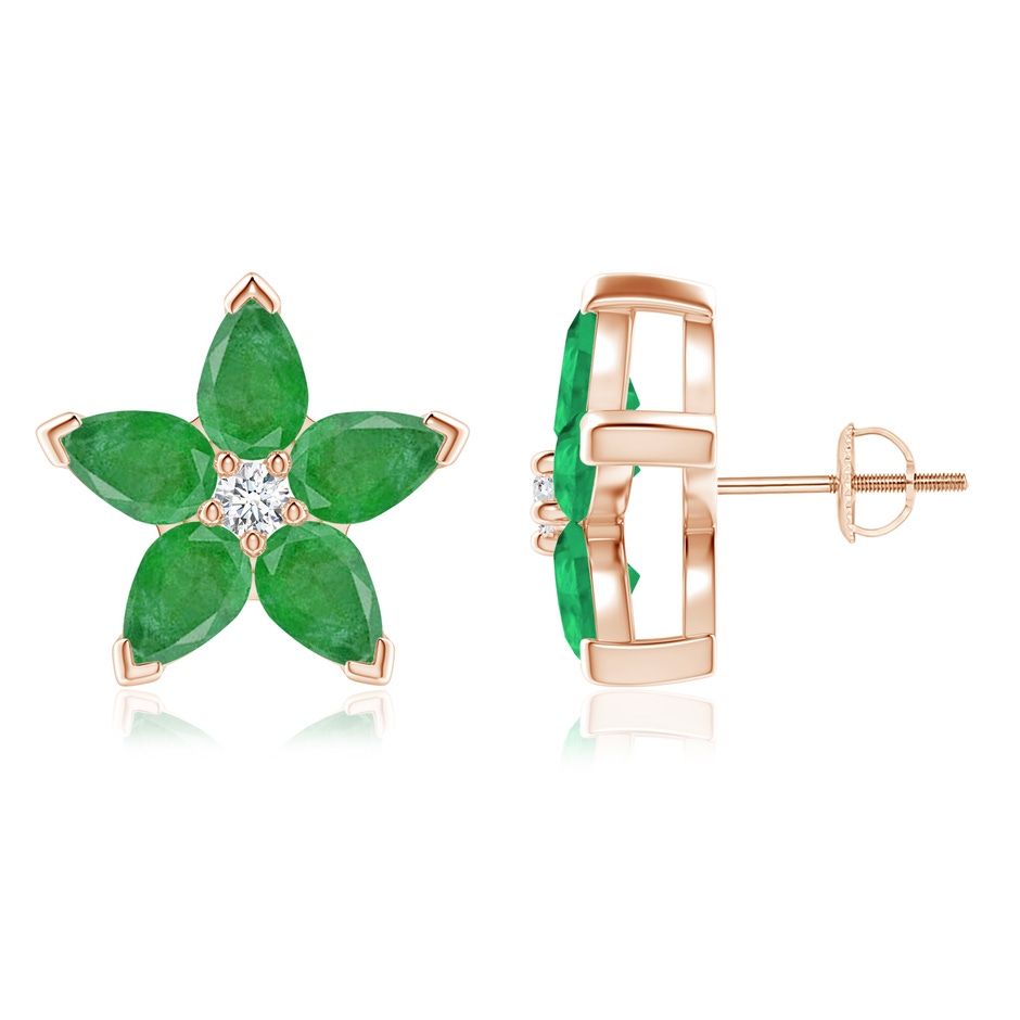6x4mm A V-Prong Set Emerald and Diamond Flower Stud Earrings in Rose Gold 