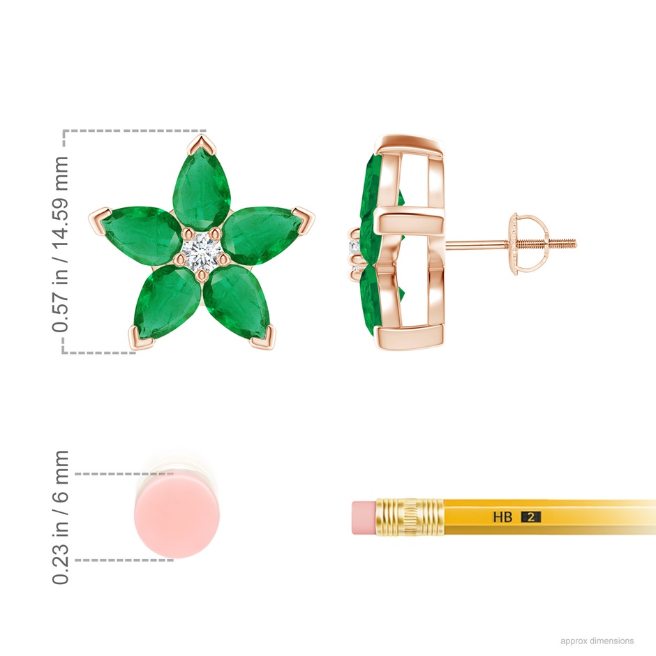 6x4mm AA V-Prong Set Emerald and Diamond Flower Stud Earrings in Rose Gold ruler