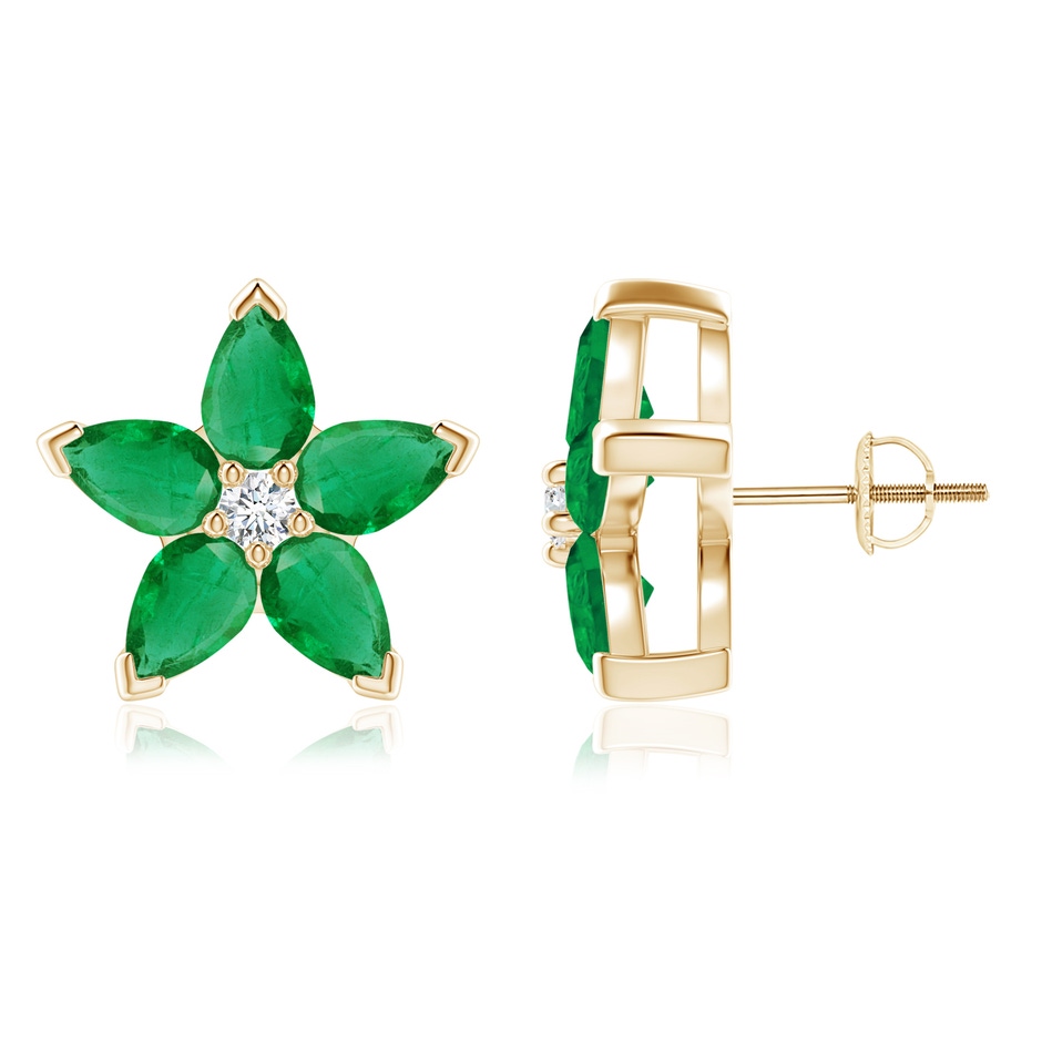 6x4mm AA V-Prong Set Emerald and Diamond Flower Stud Earrings in Yellow Gold 