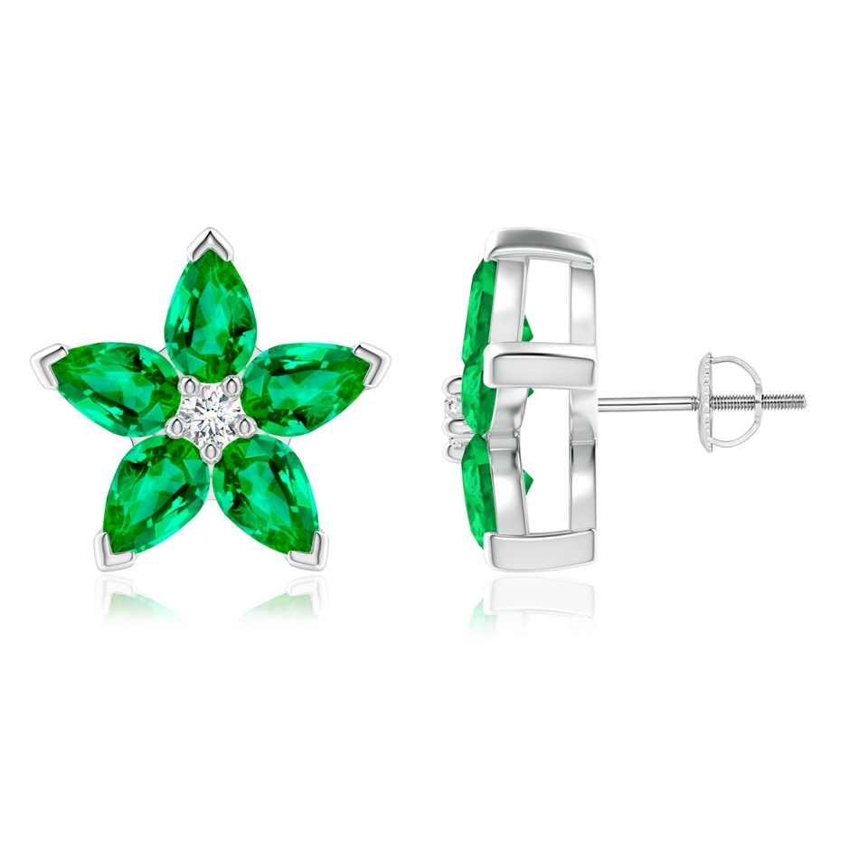 6x4mm AAA V-Prong Set Emerald and Diamond Flower Stud Earrings in P950 Platinum 