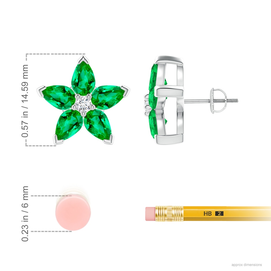6x4mm AAA V-Prong Set Emerald and Diamond Flower Stud Earrings in P950 Platinum ruler