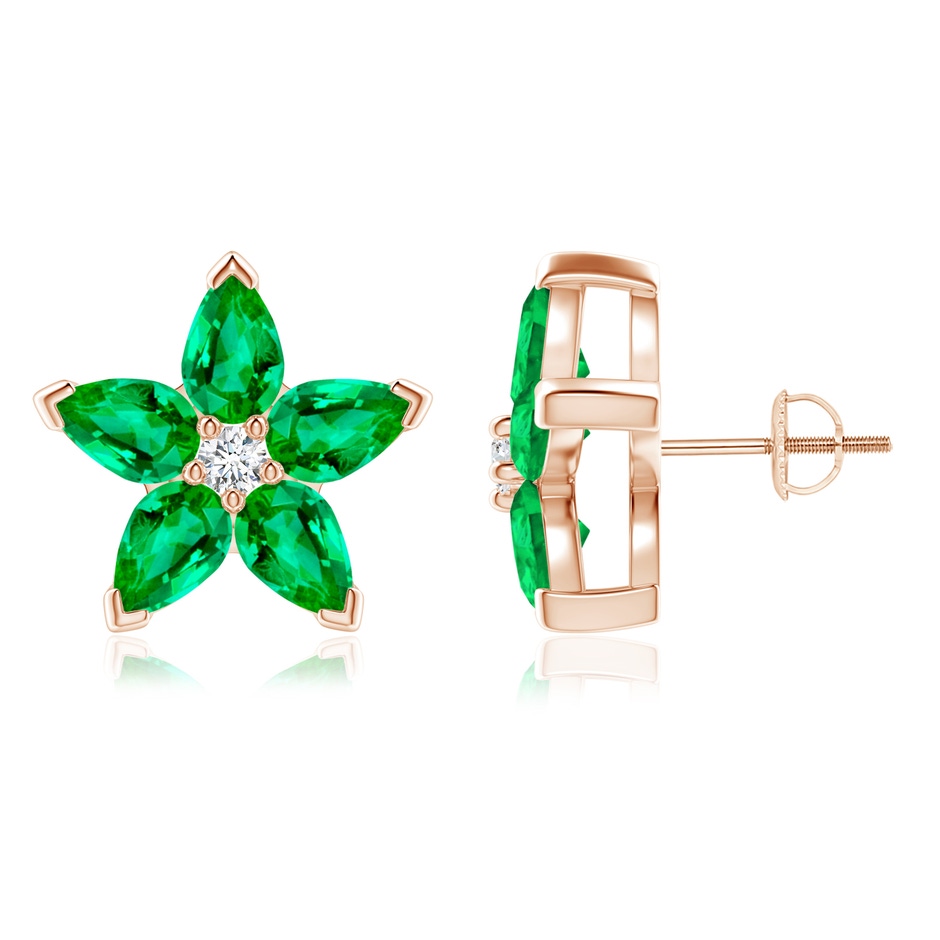 6x4mm AAA V-Prong Set Emerald and Diamond Flower Stud Earrings in Rose Gold 