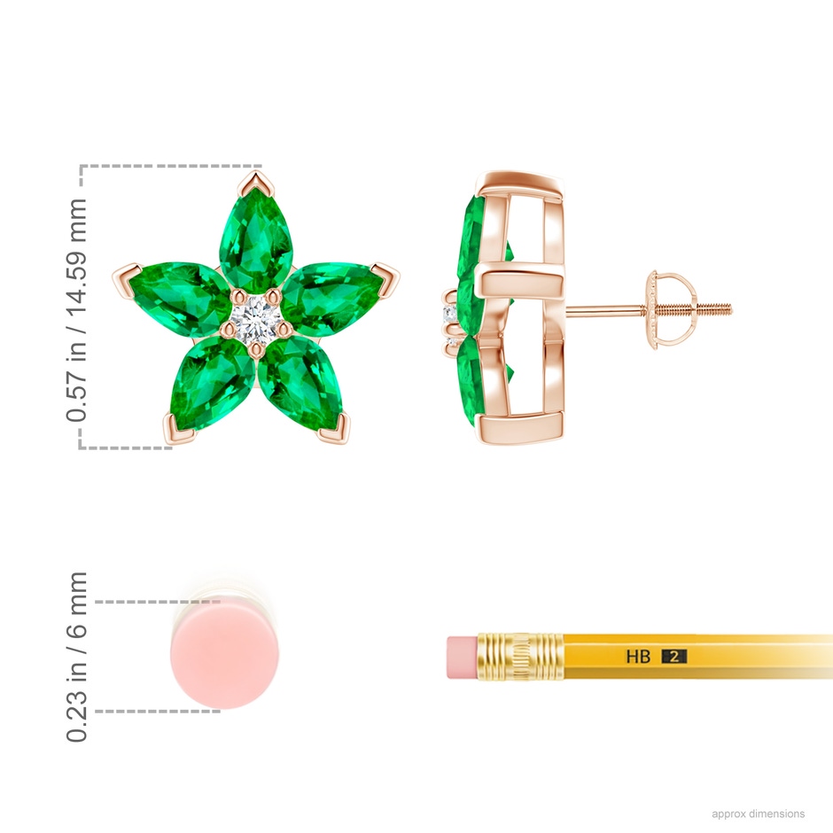 6x4mm AAA V-Prong Set Emerald and Diamond Flower Stud Earrings in Rose Gold ruler