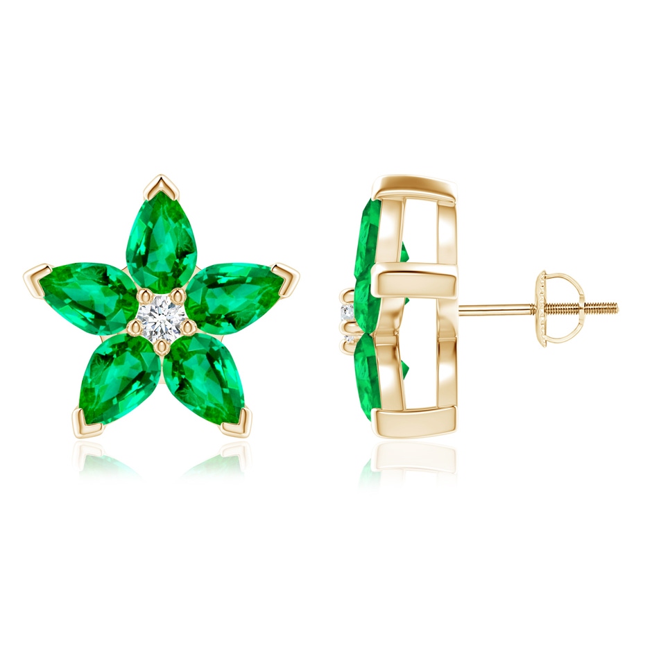 6x4mm AAA V-Prong Set Emerald and Diamond Flower Stud Earrings in Yellow Gold 