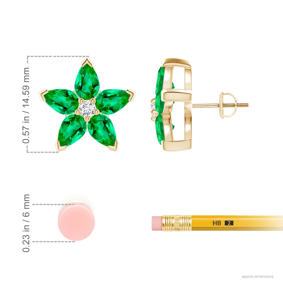 6x4mm AAA V-Prong Set Emerald and Diamond Flower Stud Earrings in Yellow Gold ruler