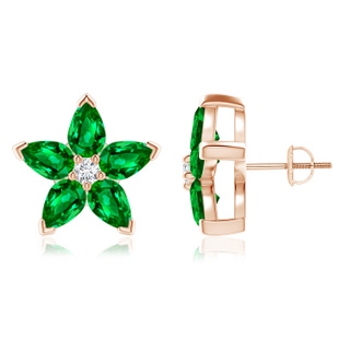 6x4mm AAAA V-Prong Set Emerald and Diamond Flower Stud Earrings in 10K Rose Gold