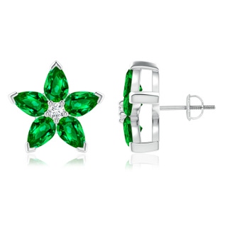 6x4mm AAAA V-Prong Set Emerald and Diamond Flower Stud Earrings in P950 Platinum