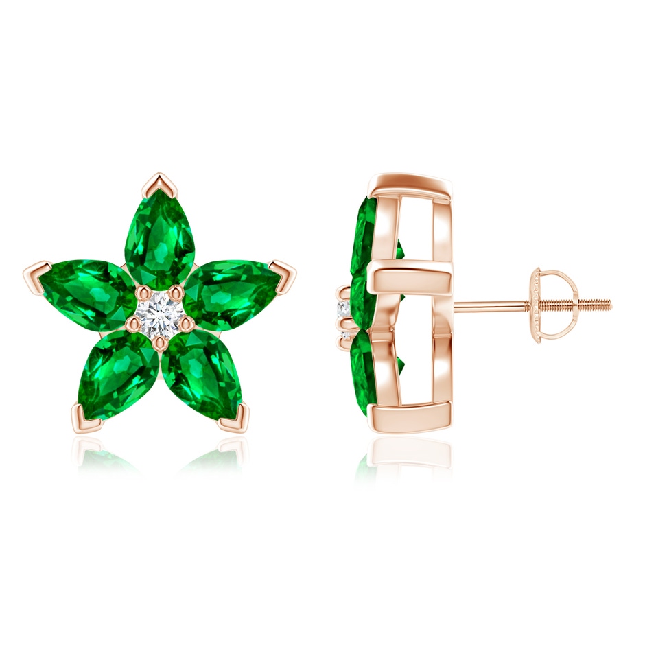 6x4mm AAAA V-Prong Set Emerald and Diamond Flower Stud Earrings in Rose Gold 