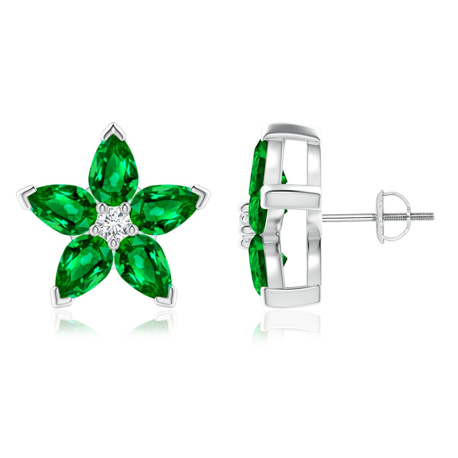 6x4mm Lab-Grown V-Prong Set Emerald and Diamond Flower Stud Earrings in White Gold 