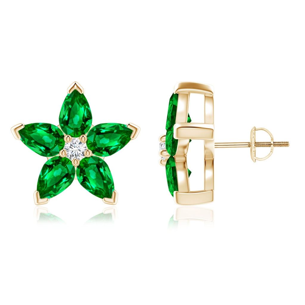 6x4mm AAAA V-Prong Set Emerald and Diamond Flower Stud Earrings in Yellow Gold