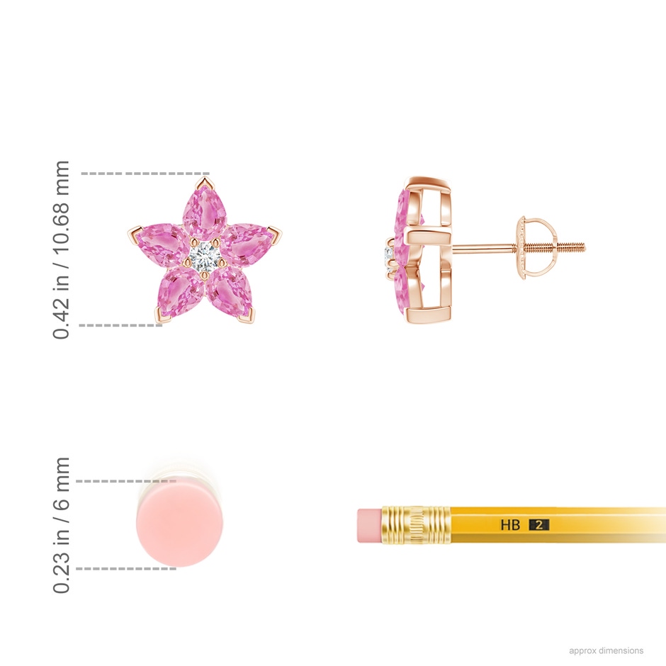 4x3mm A V-Prong Set Pink Sapphire and Diamond Flower Stud Earrings in Rose Gold ruler