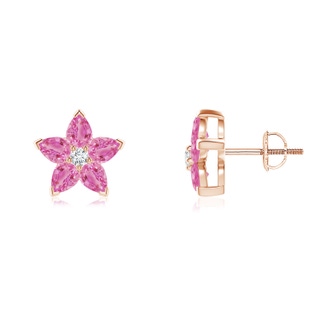 4x3mm AA V-Prong Set Pink Sapphire and Diamond Flower Stud Earrings in 9K Rose Gold