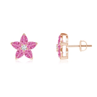 4x3mm AA V-Prong Set Pink Sapphire and Diamond Flower Stud Earrings in Rose Gold