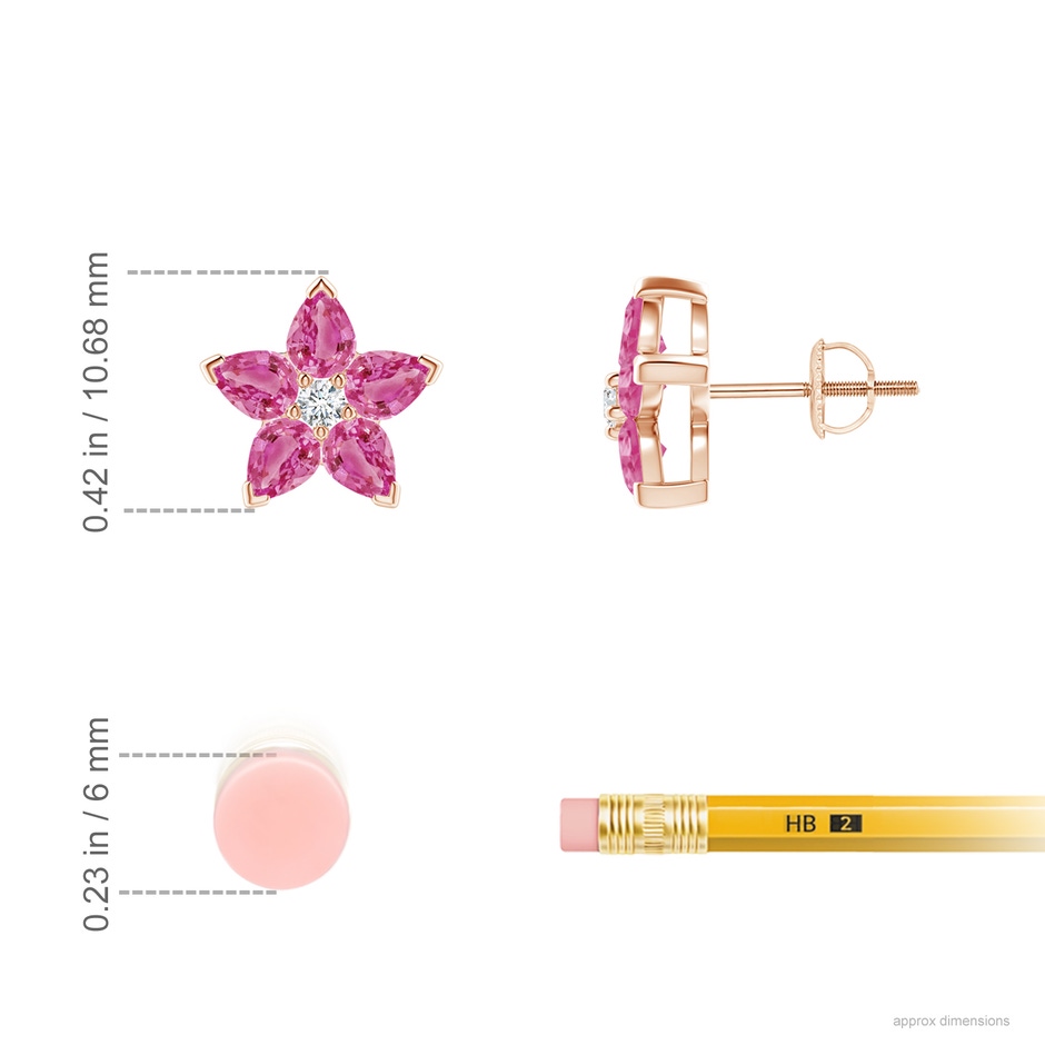 4x3mm AAA V-Prong Set Pink Sapphire and Diamond Flower Stud Earrings in Rose Gold ruler