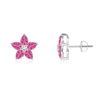 4x3mm AAA V-Prong Set Pink Sapphire and Diamond Flower Stud Earrings in White Gold