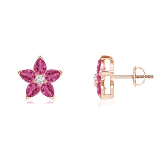 4x3mm AAAA V-Prong Set Pink Sapphire and Diamond Flower Stud Earrings in 9K Rose Gold