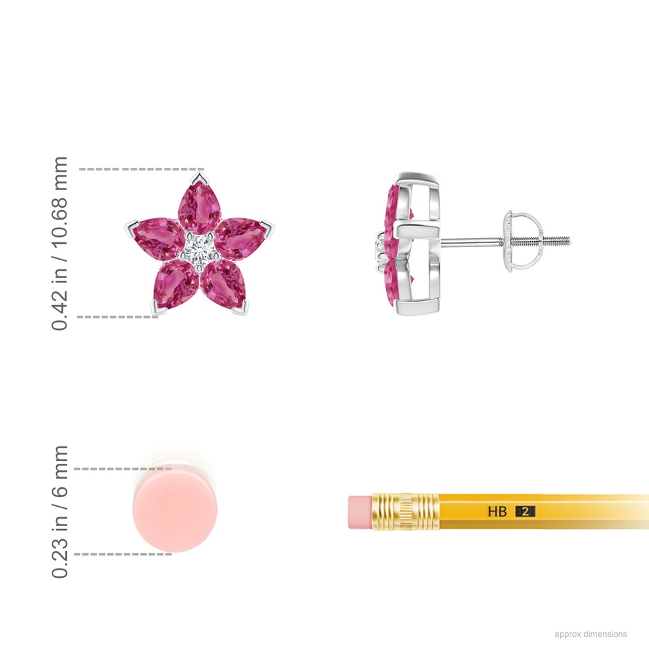 4x3mm AAAA V-Prong Set Pink Sapphire and Diamond Flower Stud Earrings in P950 Platinum ruler