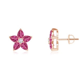 4x3mm AAAA V-Prong Set Pink Sapphire and Diamond Flower Stud Earrings in Rose Gold