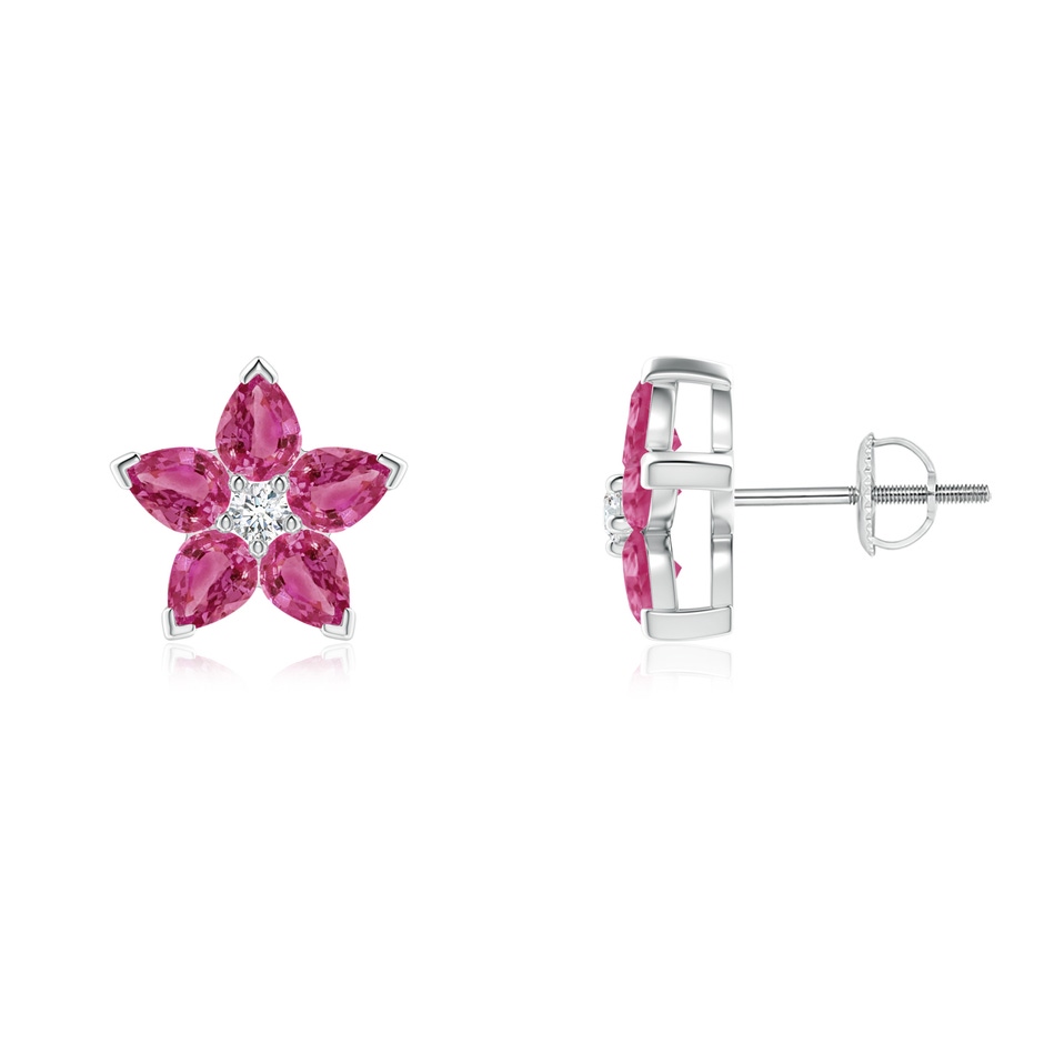 4x3mm AAAA V-Prong Set Pink Sapphire and Diamond Flower Stud Earrings in White Gold 