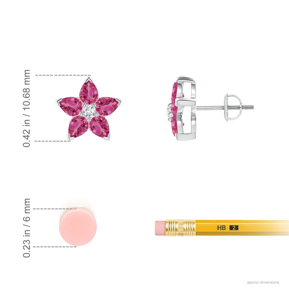 4x3mm AAAA V-Prong Set Pink Sapphire and Diamond Flower Stud Earrings in White Gold ruler