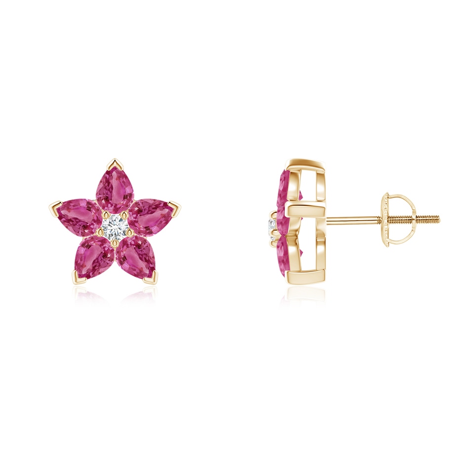 4x3mm AAAA V-Prong Set Pink Sapphire and Diamond Flower Stud Earrings in Yellow Gold 