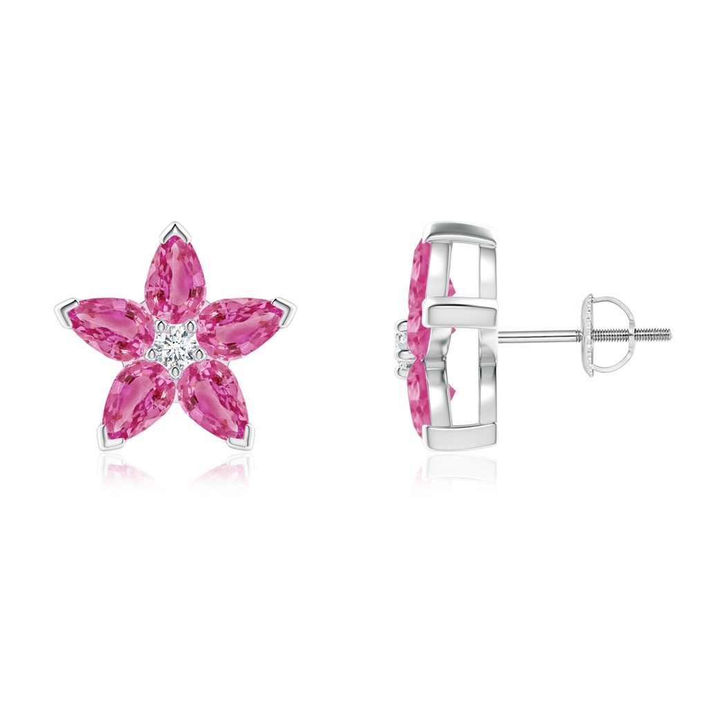 5x3mm AAA V-Prong Set Pink Sapphire and Diamond Flower Stud Earrings in White Gold