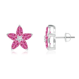5x3mm AAA V-Prong Set Pink Sapphire and Diamond Flower Stud Earrings in White Gold